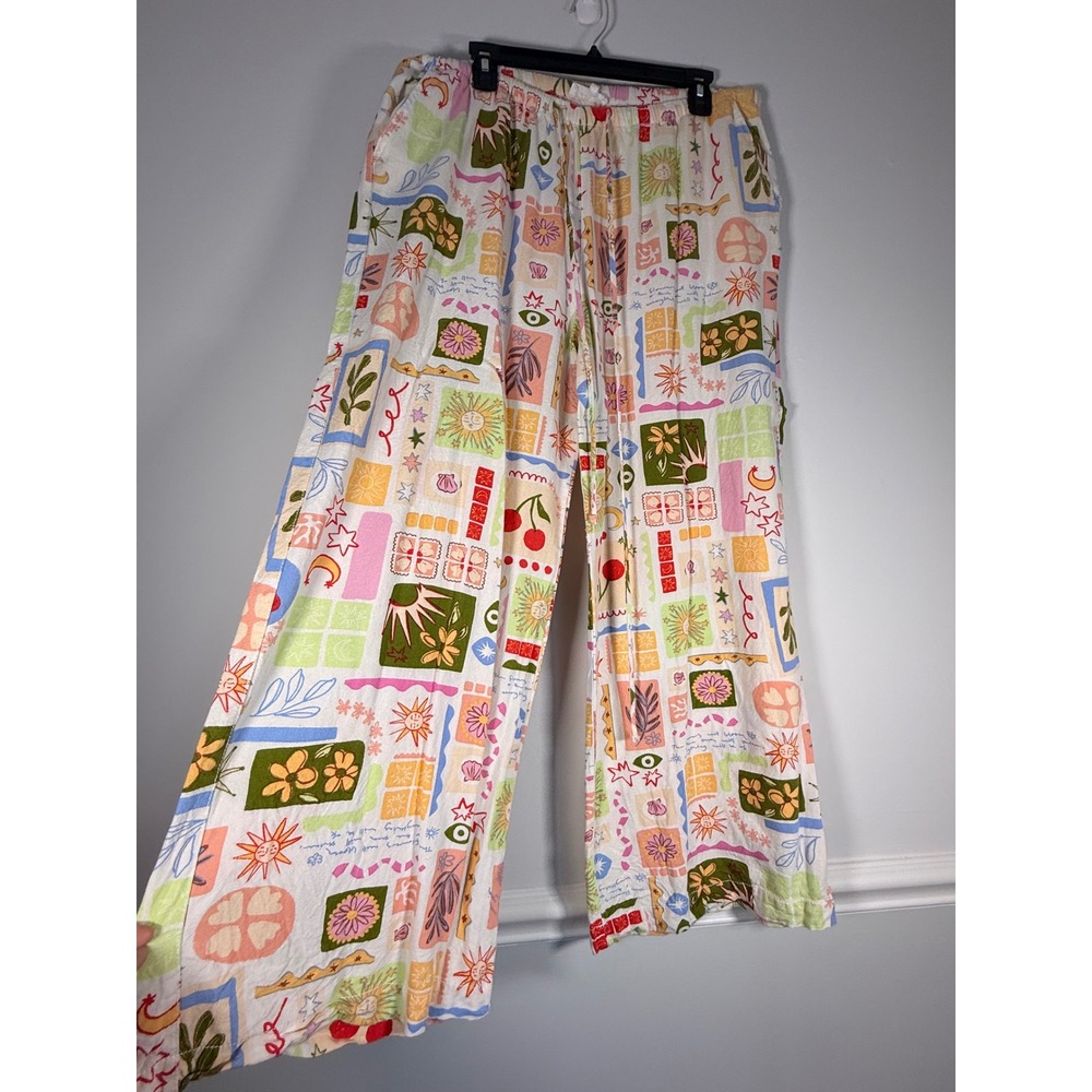 Cali 1850 Novelty Print Wide Leg Pants Rayon Linen Blend XL Multicolor Boho - Picture 10 of 10